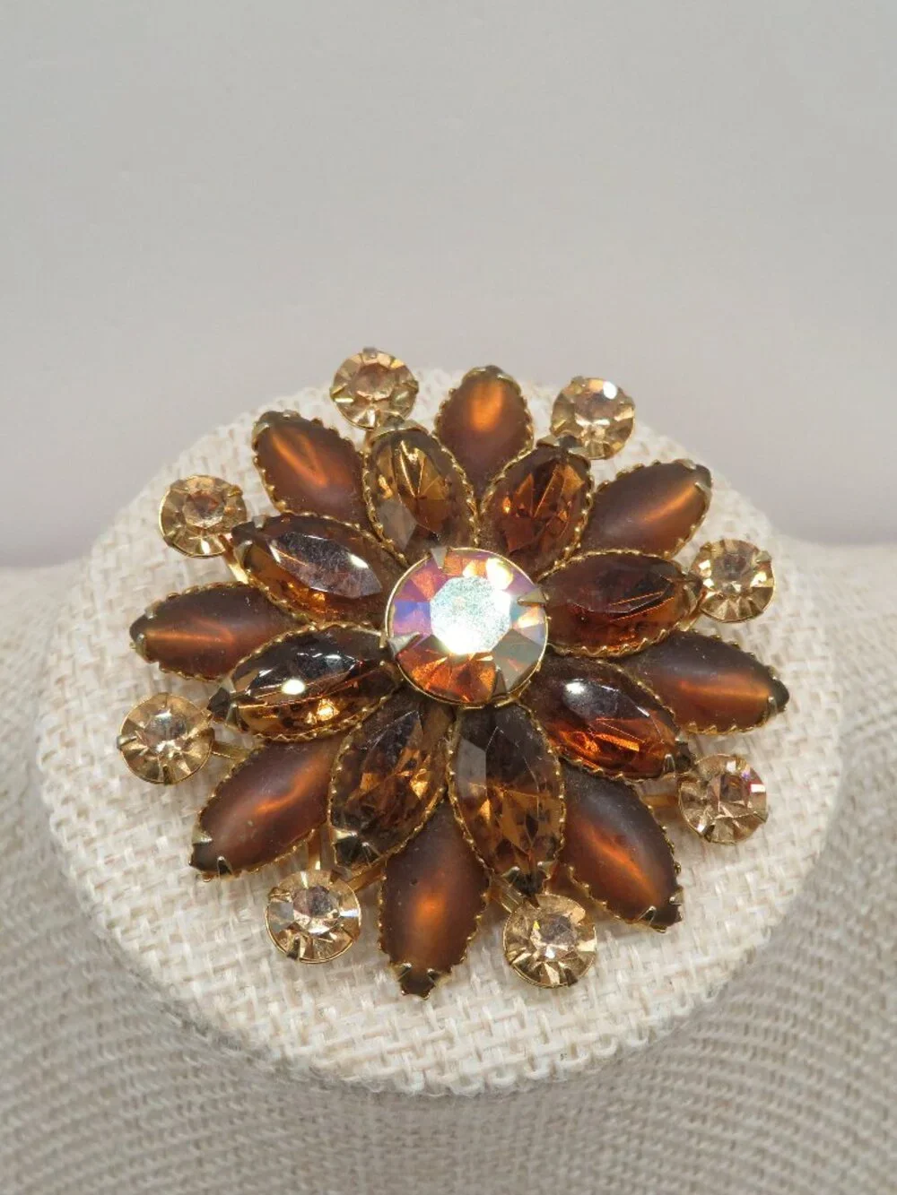 Vintage Judy Lee Amber Brown Rhinestone Floral Brooch